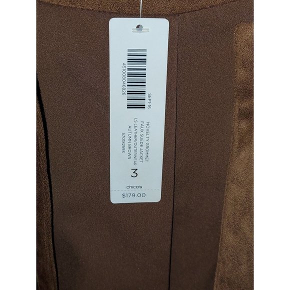 Chico's Autumn Brown faux Suede Jacket with Rich Gold Ring down each side of the - Picture 3 of 4